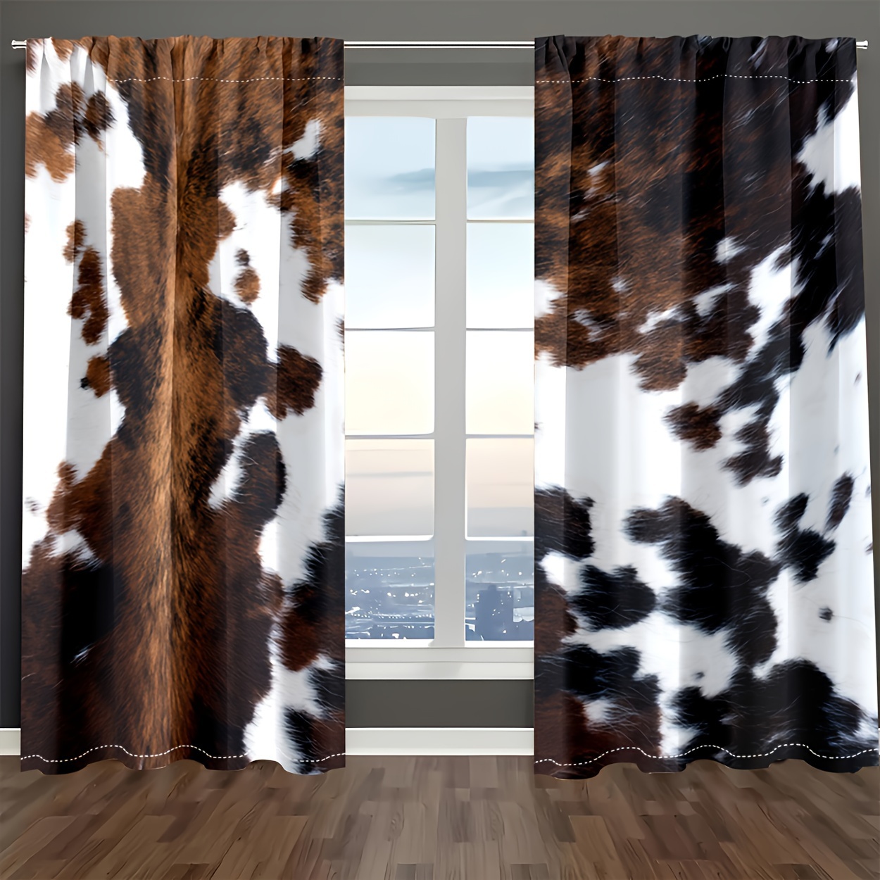 

2pcs, Polyester Material White And Brown Cow Printed Rustic Farm Animal Cowhide Printed Funny Farmhouse Vintage Curtain, Bedroom, Office, Living Room Decor, Suitable For Barbed