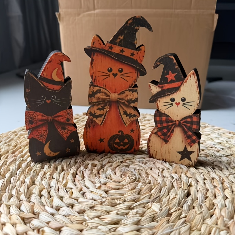 TEMU 3pcs Vintage Halloween Indoor Decoration, Autumn Decoration, Witch Cat Decoration Set, Vintage Wooden Blocks For Shelf Decoration Christmas,