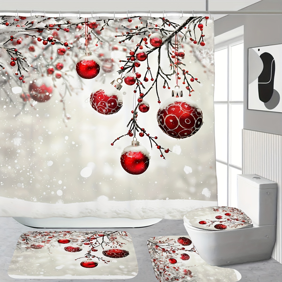 

Festive Christmas Shower Curtain Set: Digital Printed Waterproof Curtain, Toilet Seat Cover, And Bath Mat With Red Ornaments And Snowy Branches