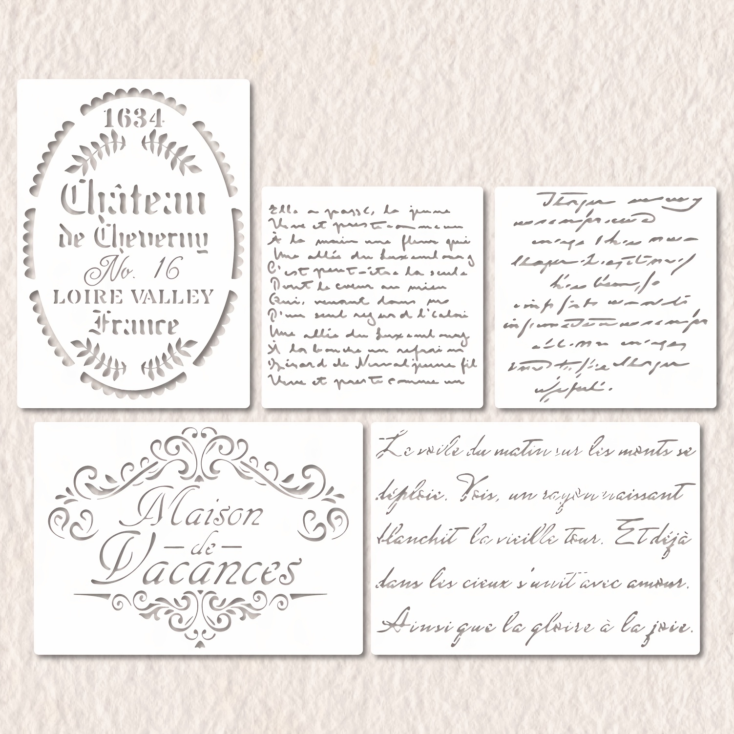 Image of 5pcs Vintage French Script Stencils 8.3x11.7 - Distressed For Diy Crafts, Furniture & Wall Decor Reusable Pet Templates With Decorative Borders