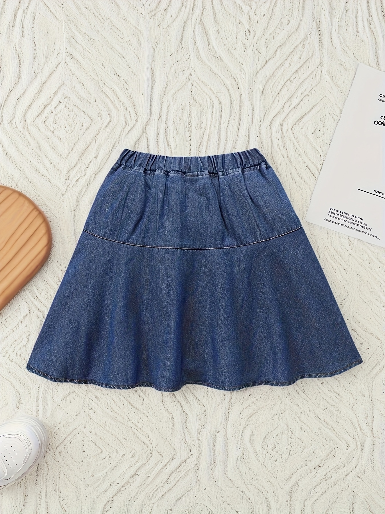 girls denim skirt bow detail elastic waist loose fit flared Temu