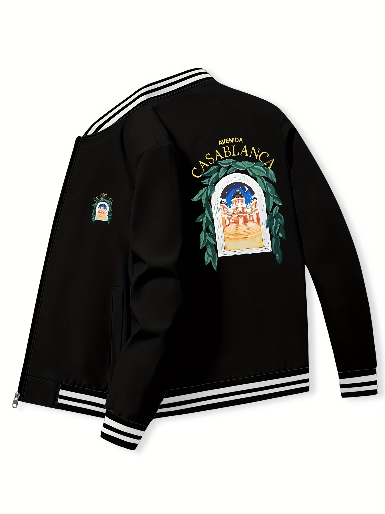 mens   fit sporty baseball jacket with castle   embroidery ribbed collar cuffs zip up casual to   for fall winter winter jacket autumn outerwear durable fabric black 0