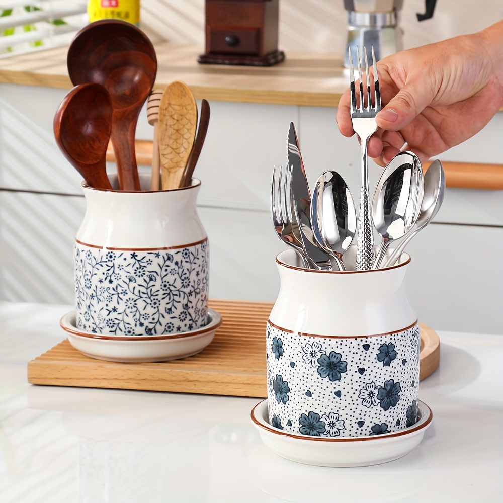 2pcs set ceramic large capacity kitchen utensil storage rack with ceramic base cherry   pattern kitchenware holder   desktop countertop storage and decoration Product details 4