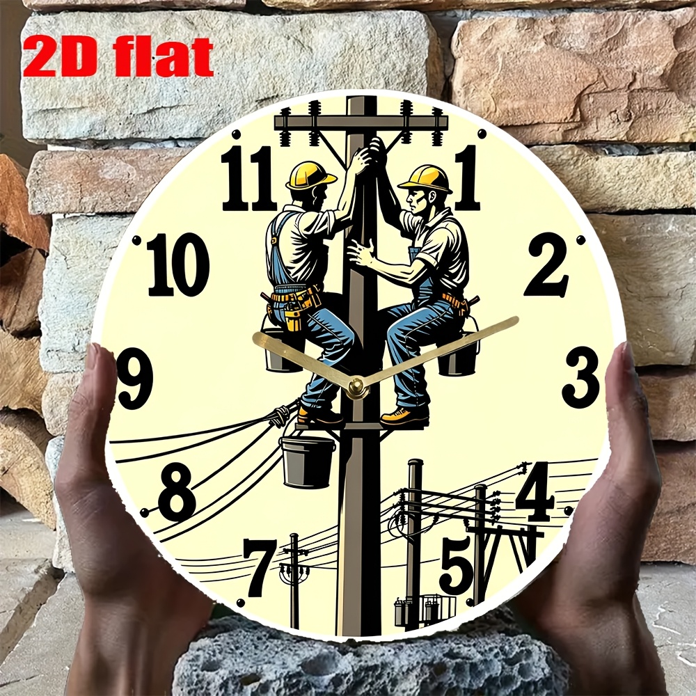 TEMU 1pc Retro Cartoon Electrician Wall Clock, 8x8 Inch Acrylic Decoration, 2 Electricians Standing On Pole Design, Silent Digital Display, Battery