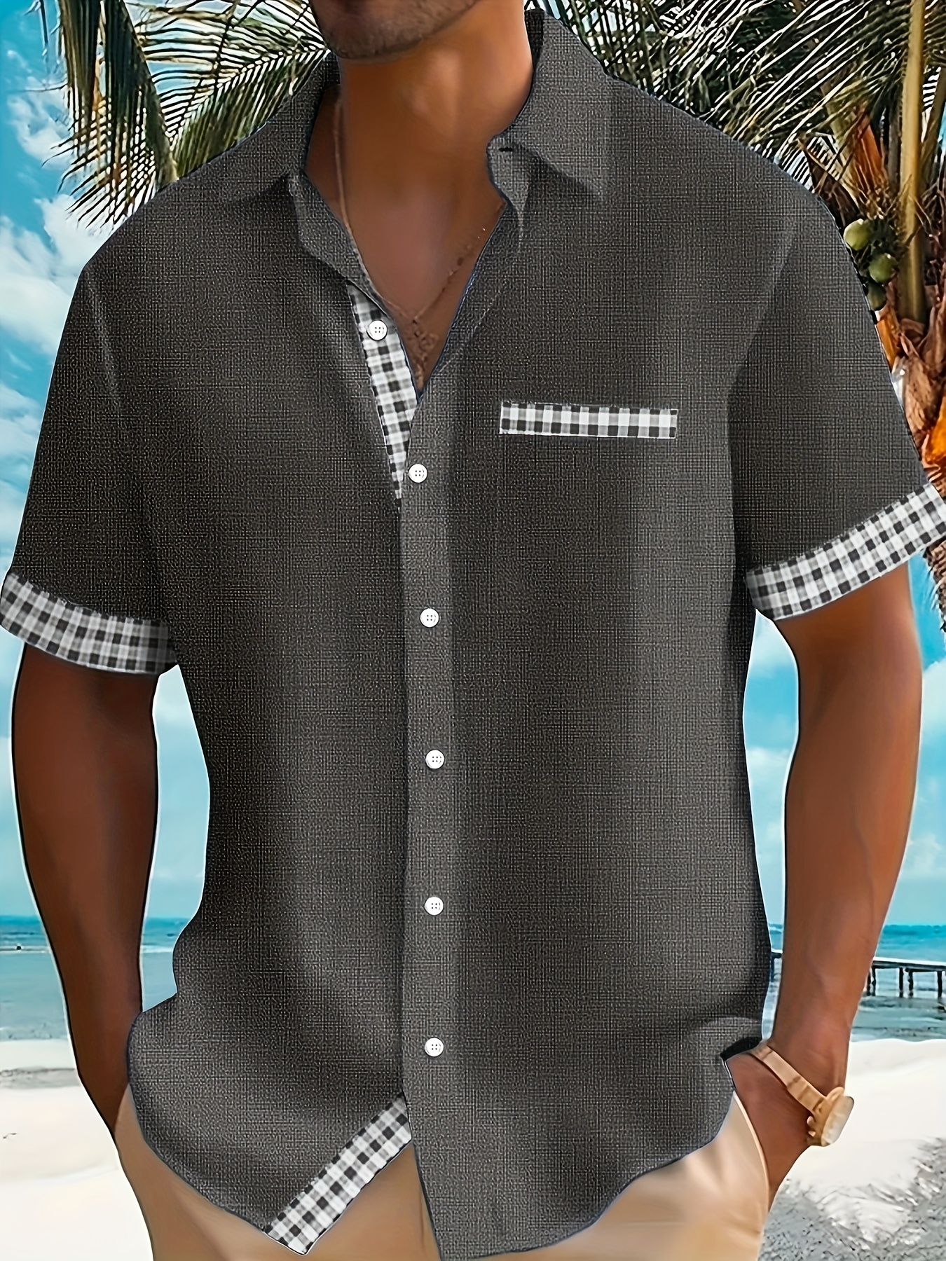 Men's Casual Short Sleeve Shirt with Plaid Print & Tropical Palm Tree Graphic - Breathable Button-Up Shirt with Pockets, Machine Washable Summer Shirt for Beach & Casual Outings, PLUS SIZE