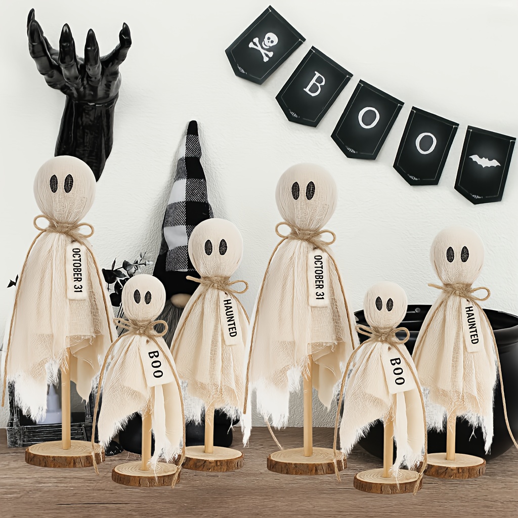 TEMU 6pcs Rustic Wooden Figurine Set With Base - Freestanding Tabletop Ornaments For Indoor Fall Holiday Display - Ideal For Dining Table, Kitchen
