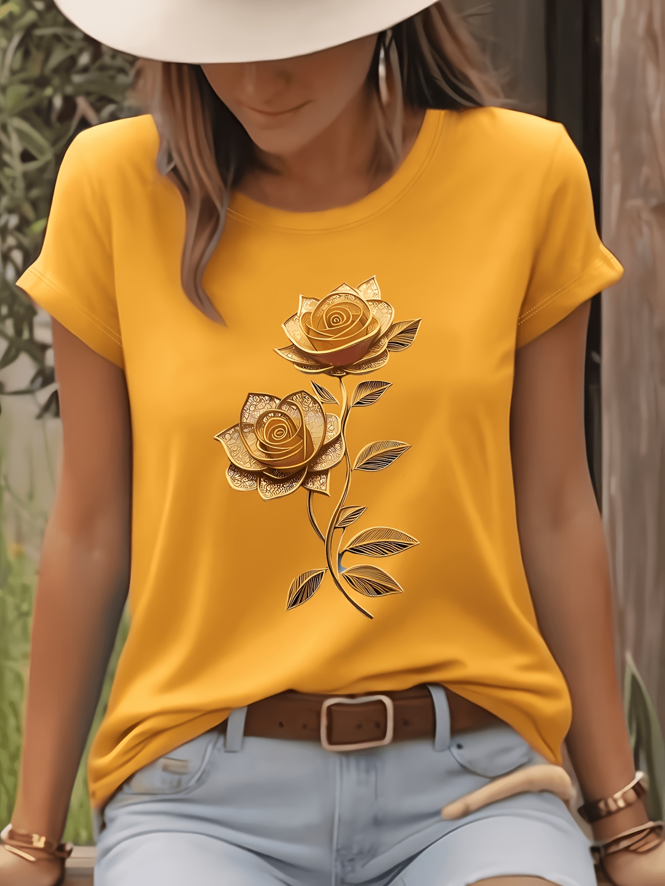 womens golden rose floral print short sleeve t shirt vibrant yellow soft breathable fabric casual round neck regular   for spring summer daily wear fashionable casualwear durable casualwear