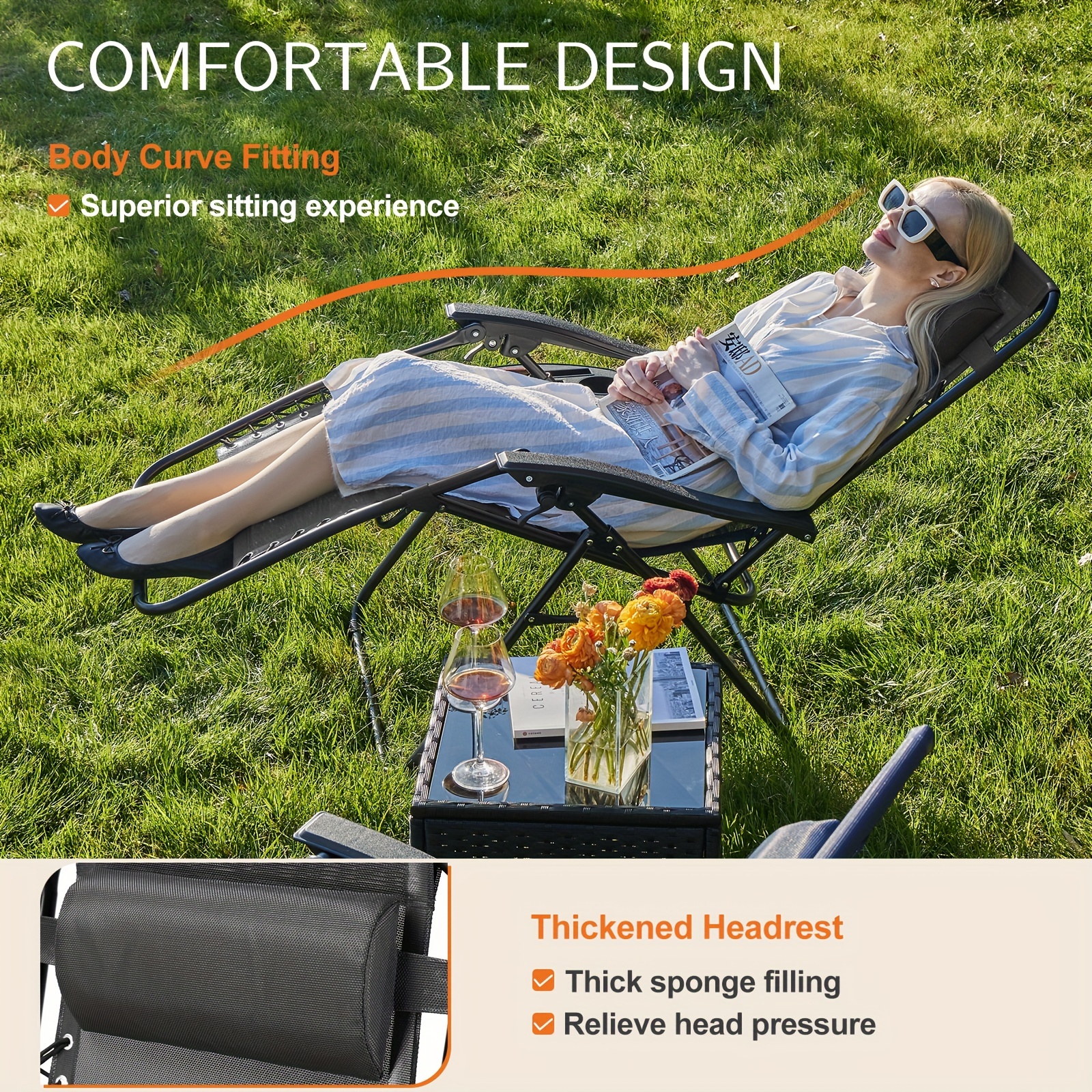 OLIXIS Zero   Set of 2, Patio Outdoor Folding Lounge Chair with Cup Holder Trays and Adjustable Pillow, Recliner Beach Camping Chairs for Poolside, Garden, Backyard, Lawn details 4
