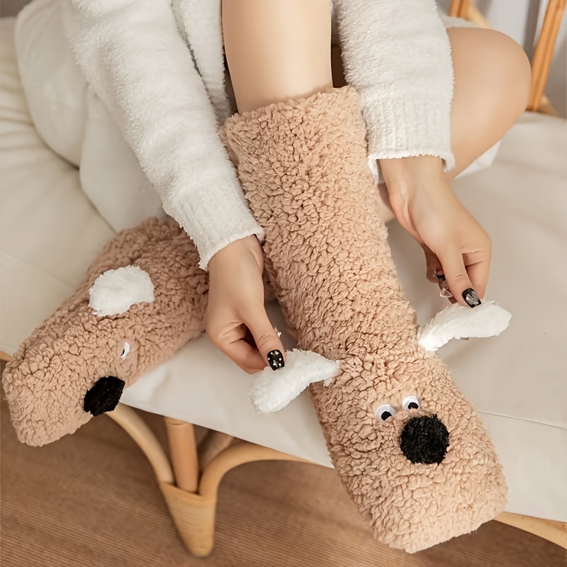 TEMU Autumn Winter Cute Puppy Ear Mid-calf Floor Socks, Thickened Plush Home Warm Socks, Soft Cartoon Doll Shaped Sleep Socks, Skin-friendly