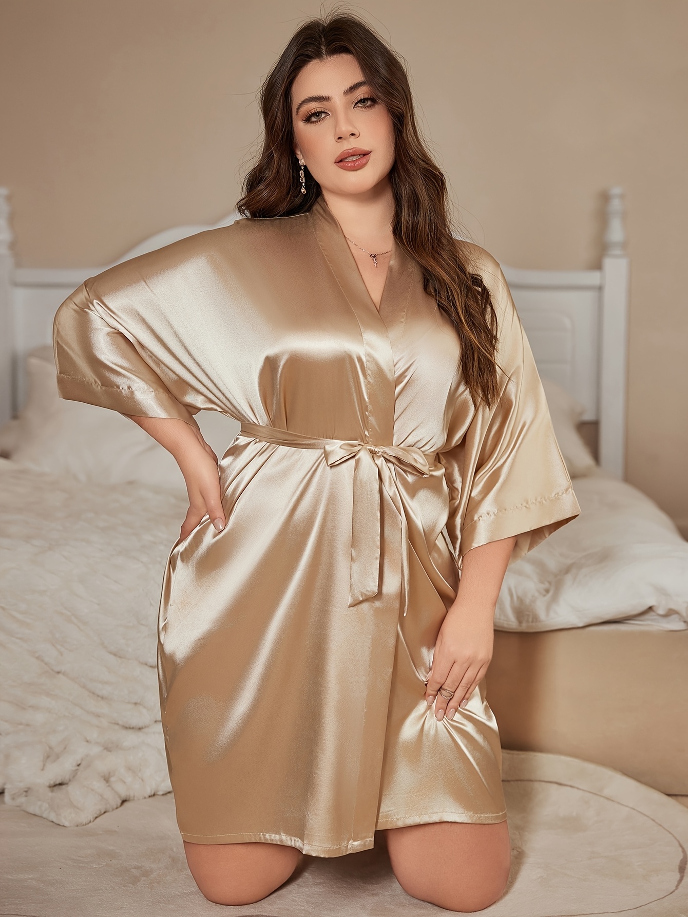 Elegant Plus Size Satin Robe for Women Sexy V-Neck, Soft Lycra Dressing  Gown with Belt, Solid Color, Ideal for Loungewear Robe|Satin Fa