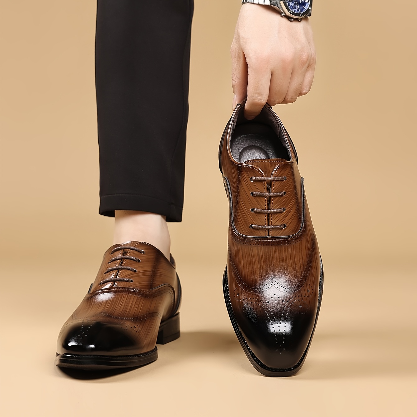 Men's Dress Shoes Formal Business Wingtip Oxfords - Upper & Rubber Sole Low-Top Lace-Up Wedding, Office & -Casual Shoes with Wingtip - - Wearable for Year-Round Use Suitable for Weddings, Meetings, Daily & Special Events
