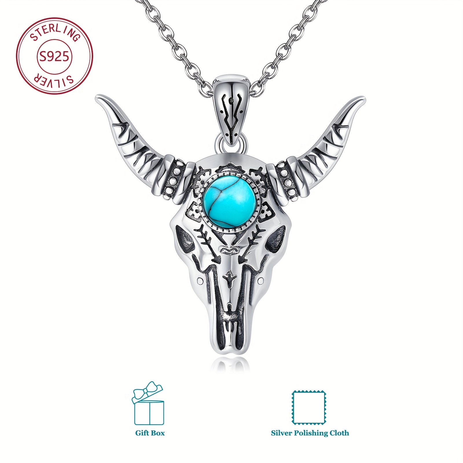 Bull Skull Necklace, 925 Sterling Silver Boho Pendant