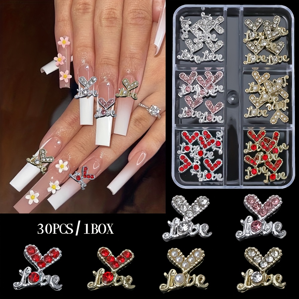 

30pcs Valentine's Day Love Heart Nail Charms With Rhinestones - Diy Nail Art, Shoes, Clothes & Craft Decorations