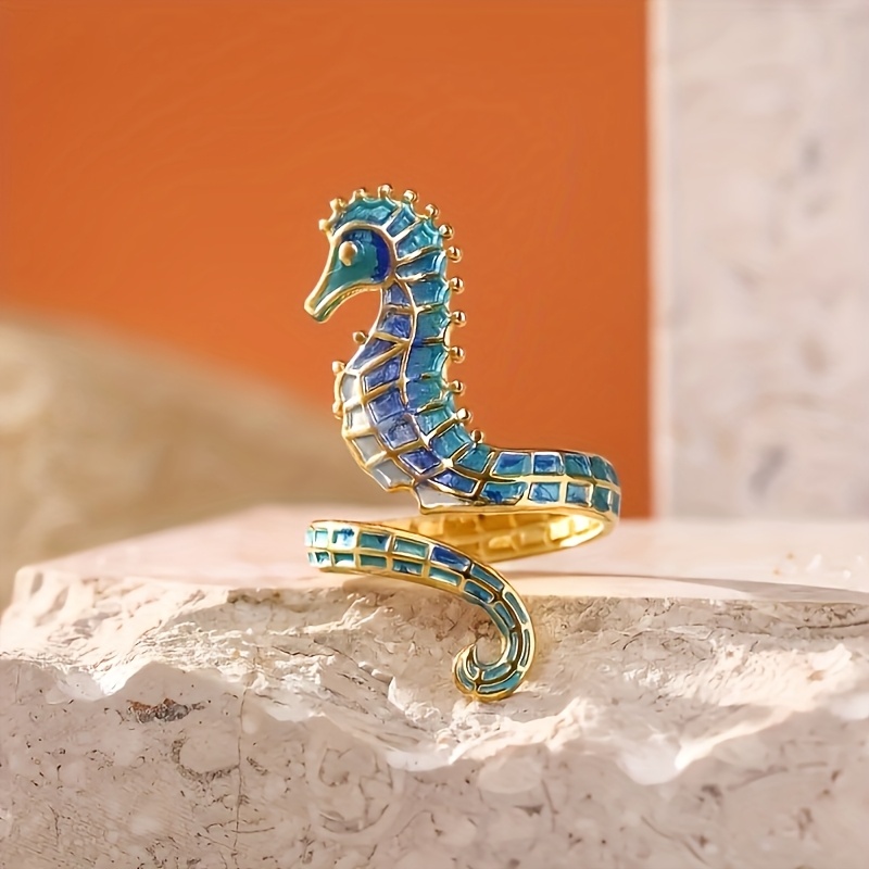 An Elegant And Stylish Blue Bohemian Seahorse Ocean-themed Creative Ring - Suitable For Daily Wear And Seaside Vacations