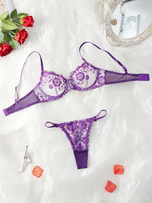 Lingerie For Women Women's Purple Lingerie Lace Embroidery Flower Bra Set  Underwear Women 