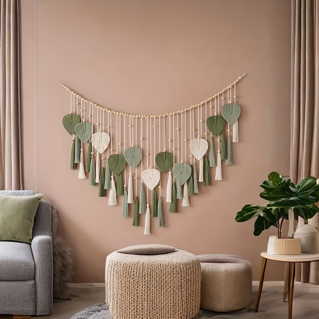 

Boho Style Green Leaf Garland Macrame Wall Art, Bohemian Home Decor, Mid-century Modern Living Room Wall Hanging, New Year Gift, No Feather, Polycotton Christmas Decor Without Electricity