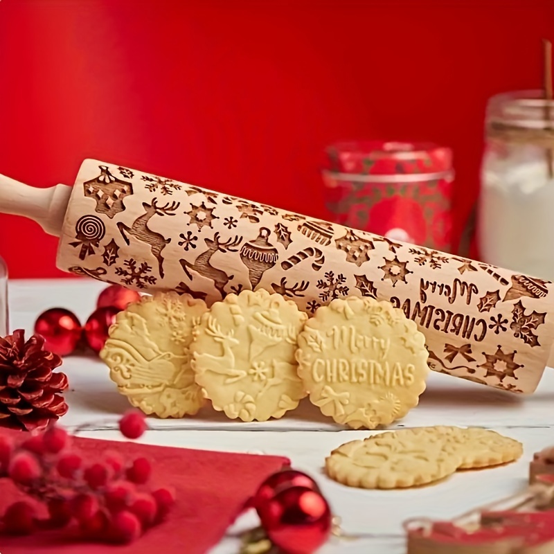 1pc Festive Wooden Rolling Pin With Christmas & Gingerbread For Man Designs - Perfect For Holiday Baking