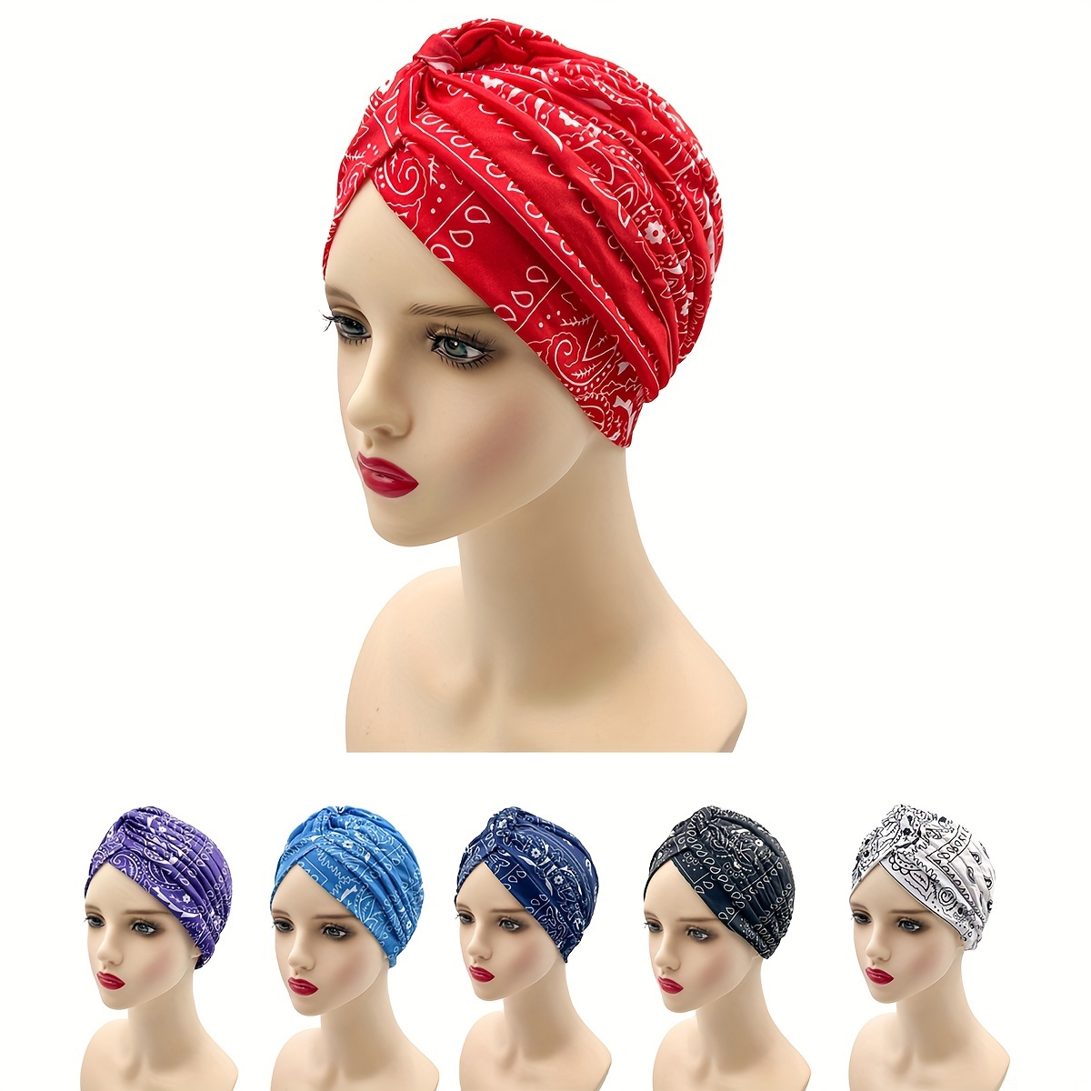

Paisley Print Boho Turban Hats Solid Color Pleated Head Wraps Ramadan Beanies Chemo Cap For Women