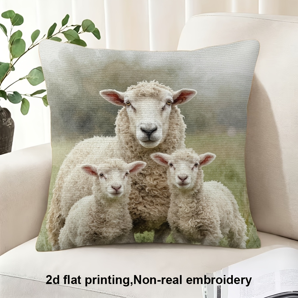 TEMU 2d Flat Printing, 1pc, Sheep Family In A Pastoral Setting, Pillow Cover, Double-sided Printing, Polyester, Suitable For Home Decoration Such As