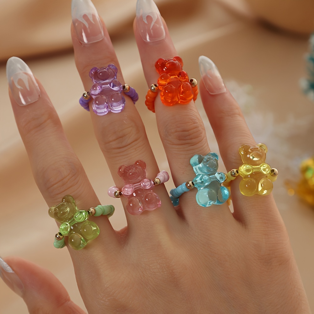 

6pc Colorful Bear Beaded Ring Set Cute Cartoon Finger Ring Jewelry Decoration For Women Daily Wear