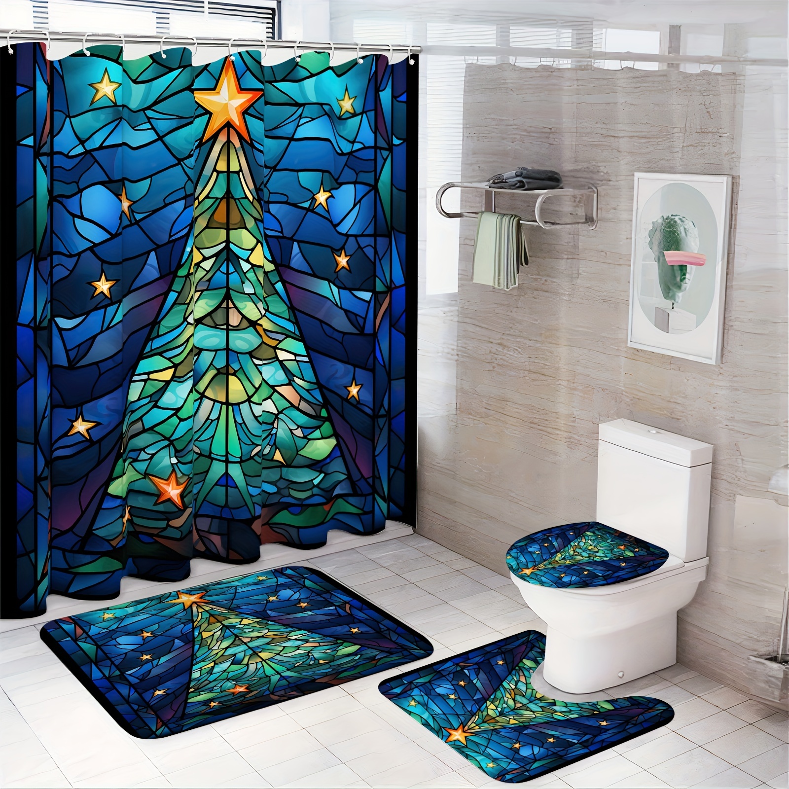 

Festive Blue Christmas Tree And Star Bathroom Set: Includes Hooks - Artistic Stained - Machine Washable - Christmas Decor - Shower Curtain And Rugs Set - Seasonal Home Décor