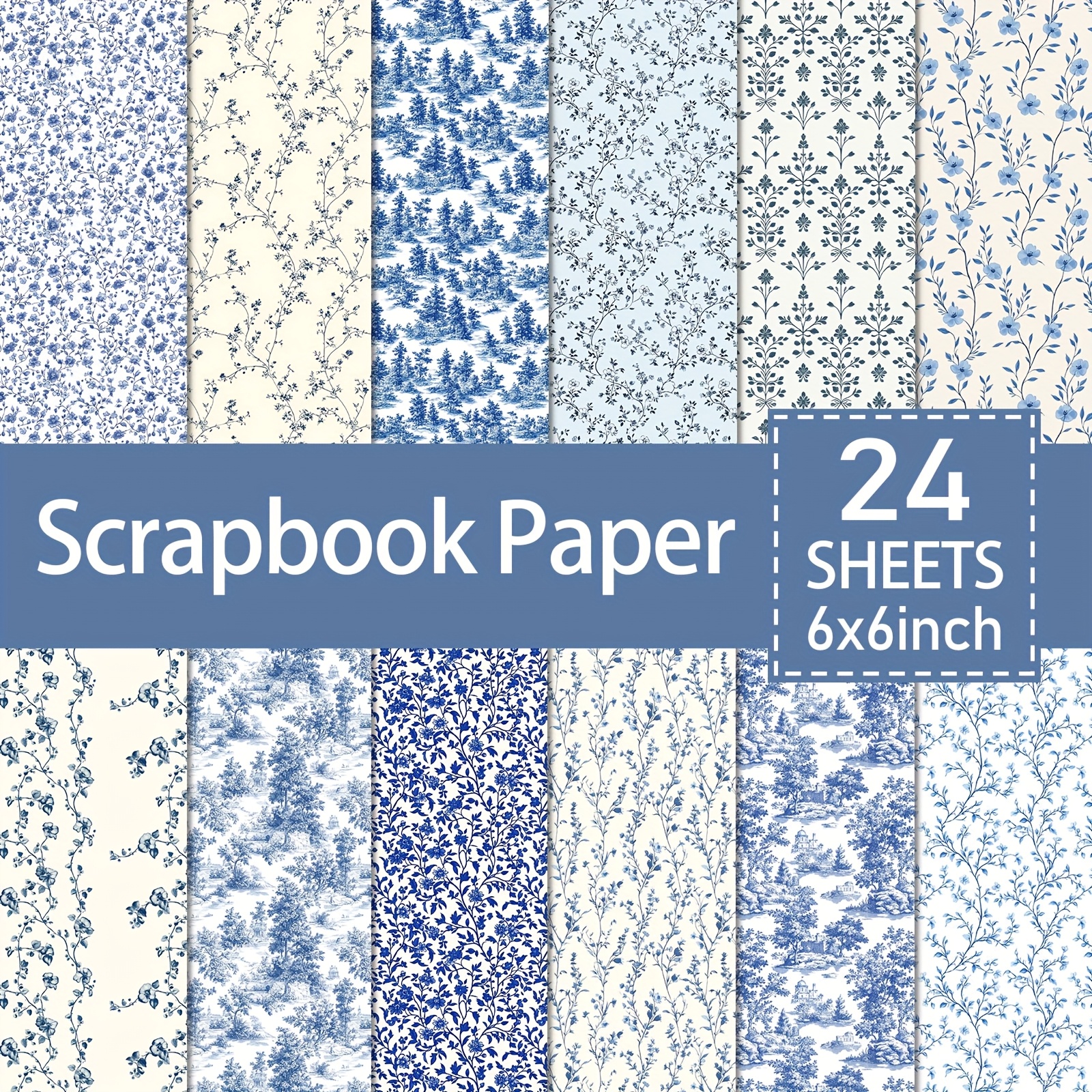 TEMU 24 Sheets Blue And White Porcelain Pattern Scrapbook Paper Pad - 6x6 Inch Holiday Craft Cardstock, Decoration Scrapbooking, Birthday Gift Paper