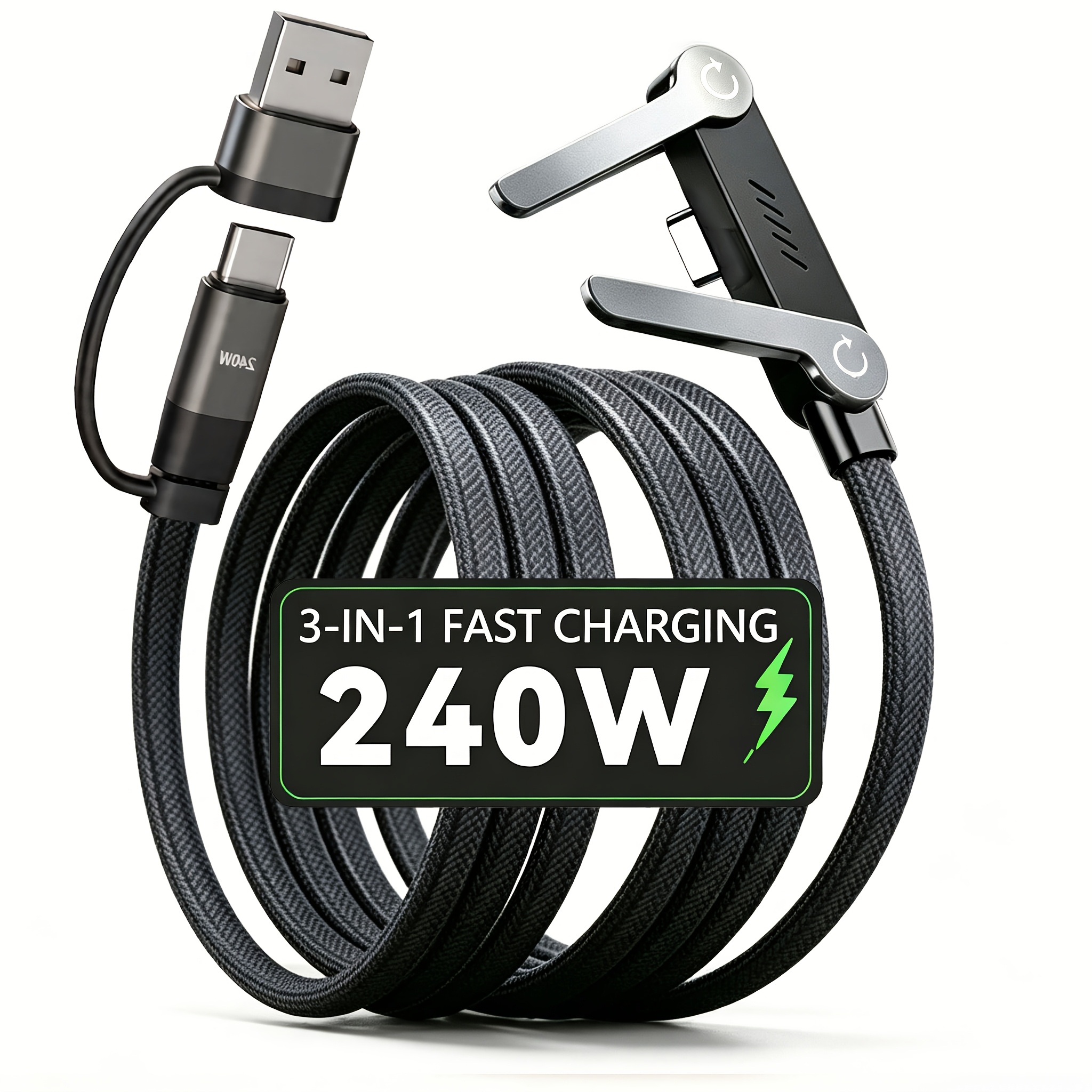 Image of 240w Fast Charging 2-in-1 Charger Cable With Hidden Invisible Foldable Phone Stand, Usb A To Type C And Type C To Type C Convertible Cord, Multi-angle Kickstand Design For Gaming Work Home Use