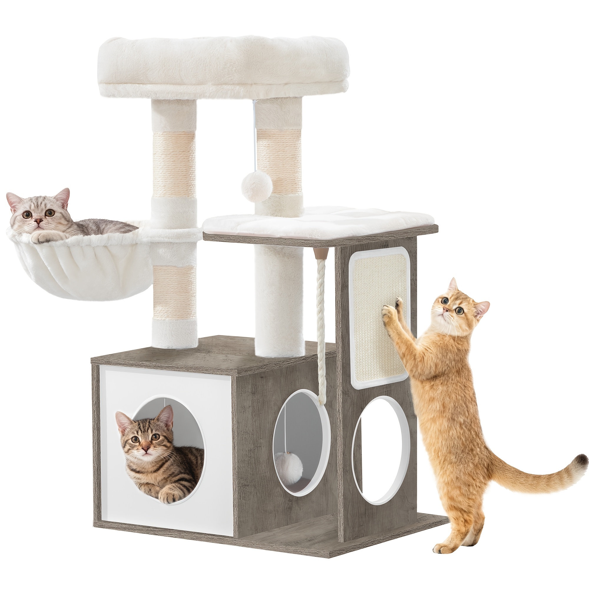 Cat Tree, Modern Cat Tree, 85 Cm Tall, With 3 Scratching Posts, Removable Washable Mat, 1 Cave, 2 Platforms, Sisal Rope, 1 Basket, Pom-poms