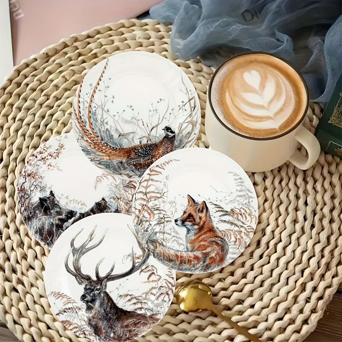 Image of 4pcs Wild Animal, Chicken, Fox, Wolf Theme Wooden Coaster Set - Heat Resistant & Non-slip - Perfect For Coffee, Tea, And Drinks - & Office Decor, Great Gift