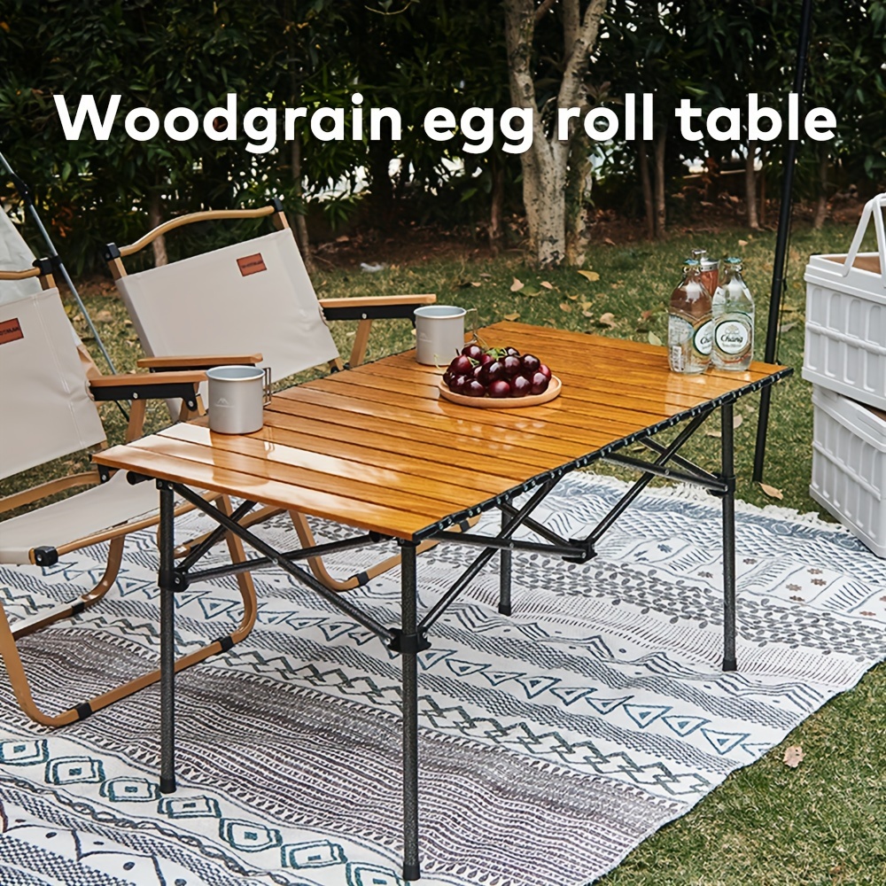 

1pc Outdoor Camping Picnic Table, Portable Folding Table With Wood Grain Pattern, Portable Roll-up Camping Table, Camping Equipment, Camping Supplies