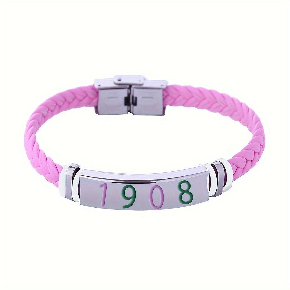 

1908 Engraved Pink Leather Stainless Steel Bangle Bracelet, Elegant Fashion Jewelry For Women