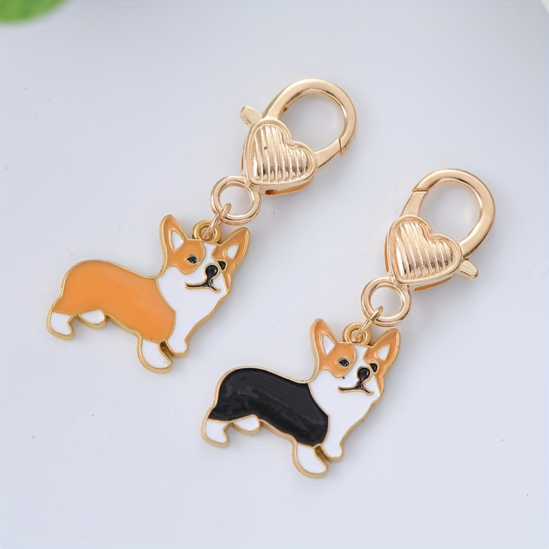 Image of 2pcs Adorable Cartoon Corgi Keychains - Golden-tone Metal With Heart Charm, Cute Dog Pendant For Couples, Creative Small Gift Idea, Cute Keychain