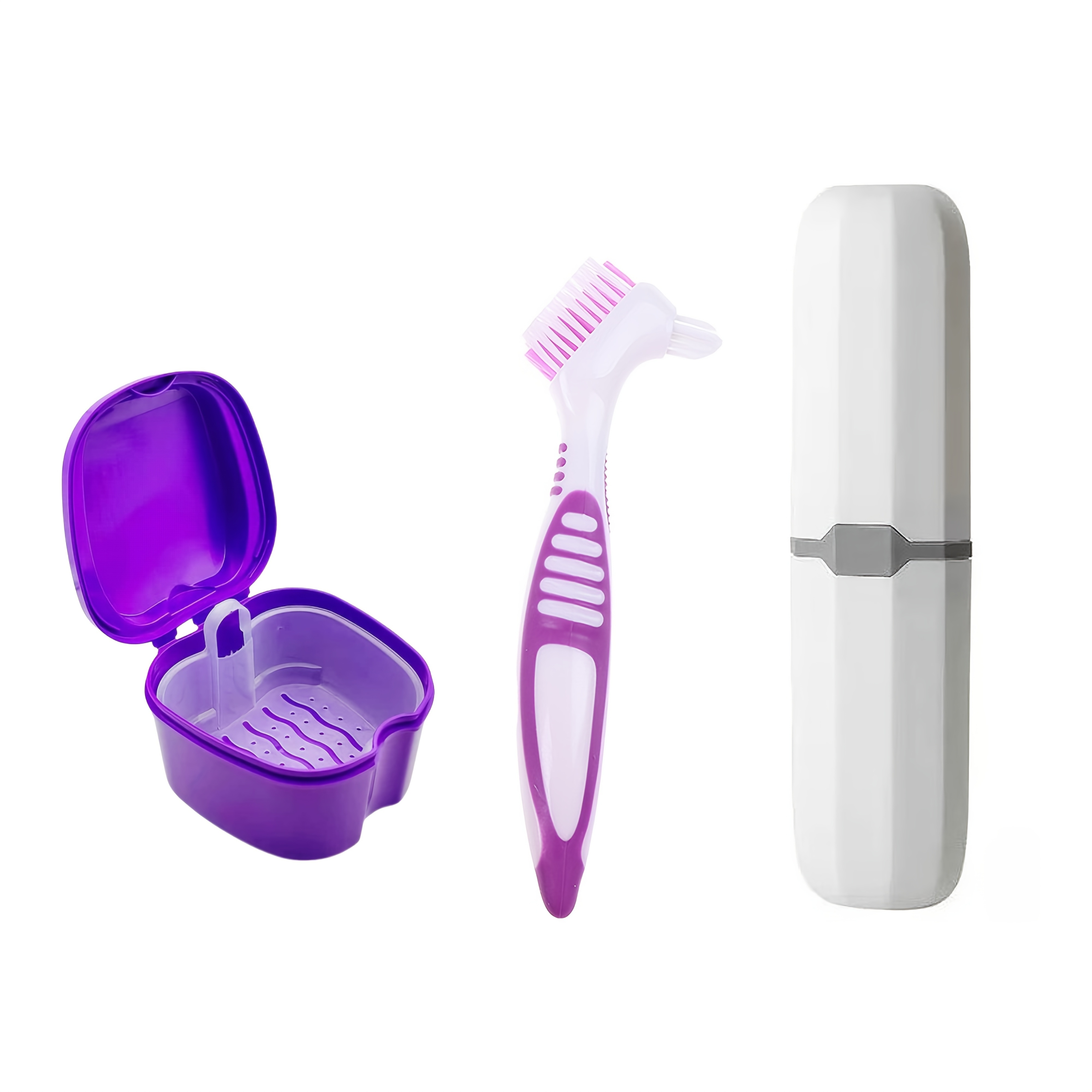 3pcs Denture Care Kit With Denture Case & Dual-head Cleaning Brush - Portable Travel Box Suitable For Full Dentures/partials - 360° Denture Hygiene System For Home & -the-