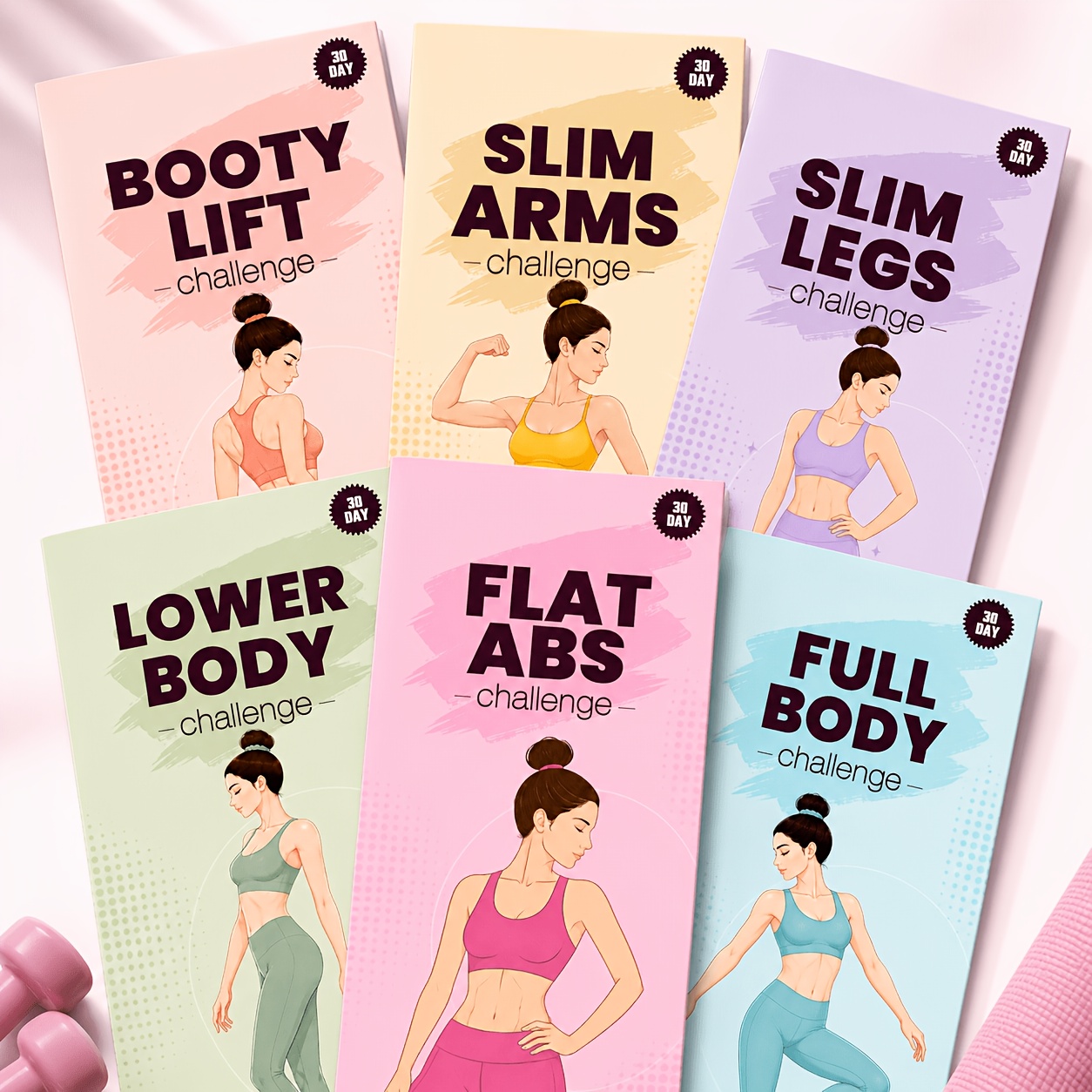 Image of 6pcs Fitness Challenge Bundle - 6 Workout Charts With Daily Progress , Flat Abs, Slim Legs, Slim , , Lower Body & Full Body Challenges, Home Exercise Guide, Habit , Training Plan