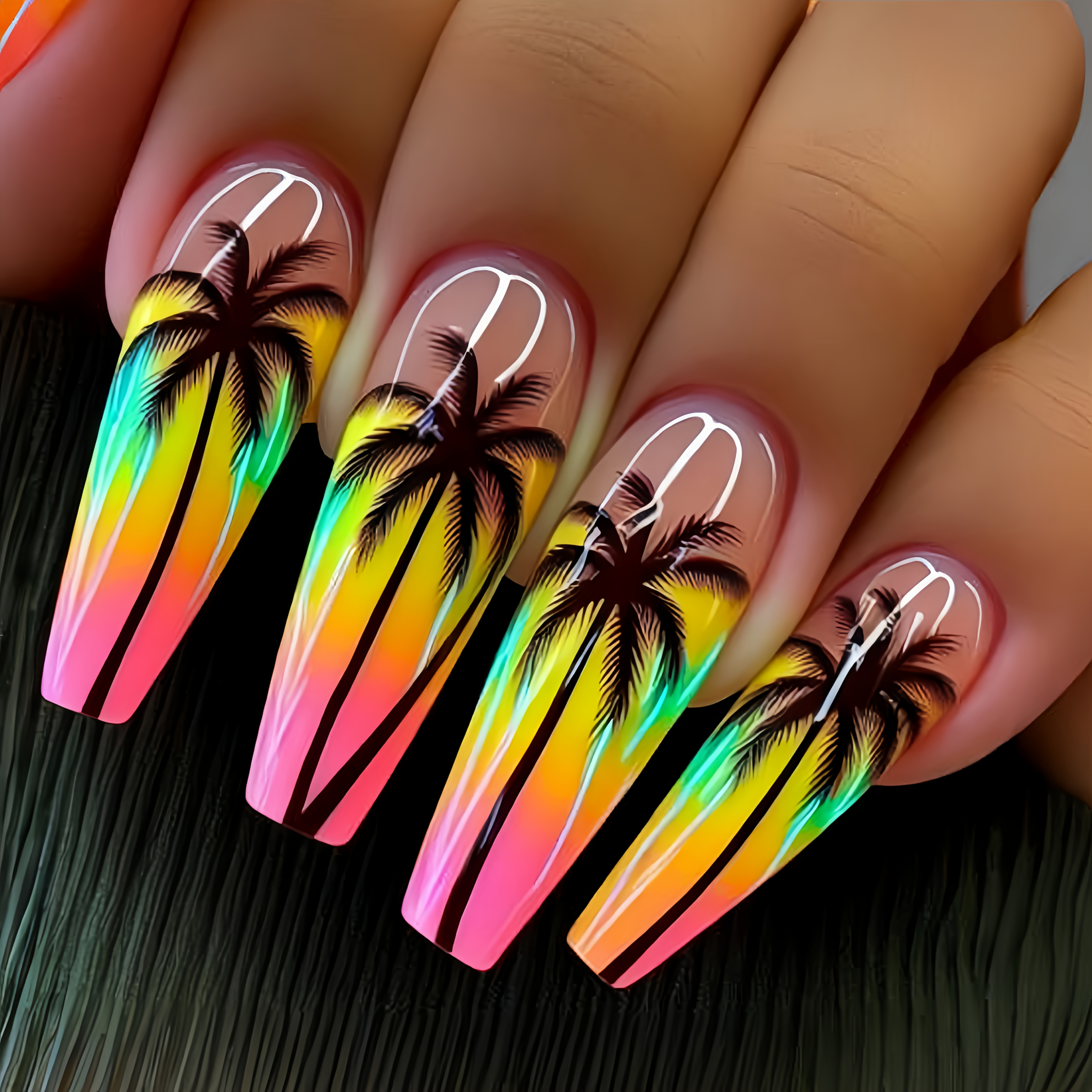 24pcs Long Palm Tree Glitter Nail Polish | Fashionable Detachable Artificial Nails, Glossy End, Machine- Abs Material
