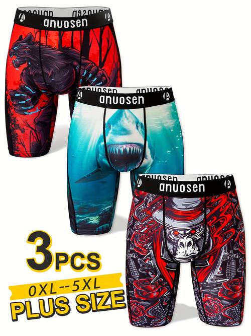 Plus Size Men's Long Sports Underwear, 3pcs Men's Printed Boxer Briefs Set, Quick-Dry Breathable Beach Shorts, Valentine's Day Gift for Boyfriend, Gorilla, Animal, Werewolf, Shark, Anti-Chafing Legs, Novelty Underpants, Extended Running Shorts, Positional Print Underwear, Moisture-Wicking Sweat Absorbent, Men's Stretchy Comfort Casual Boxers, Plus Size Athletic Shorts, PLUS SIZE