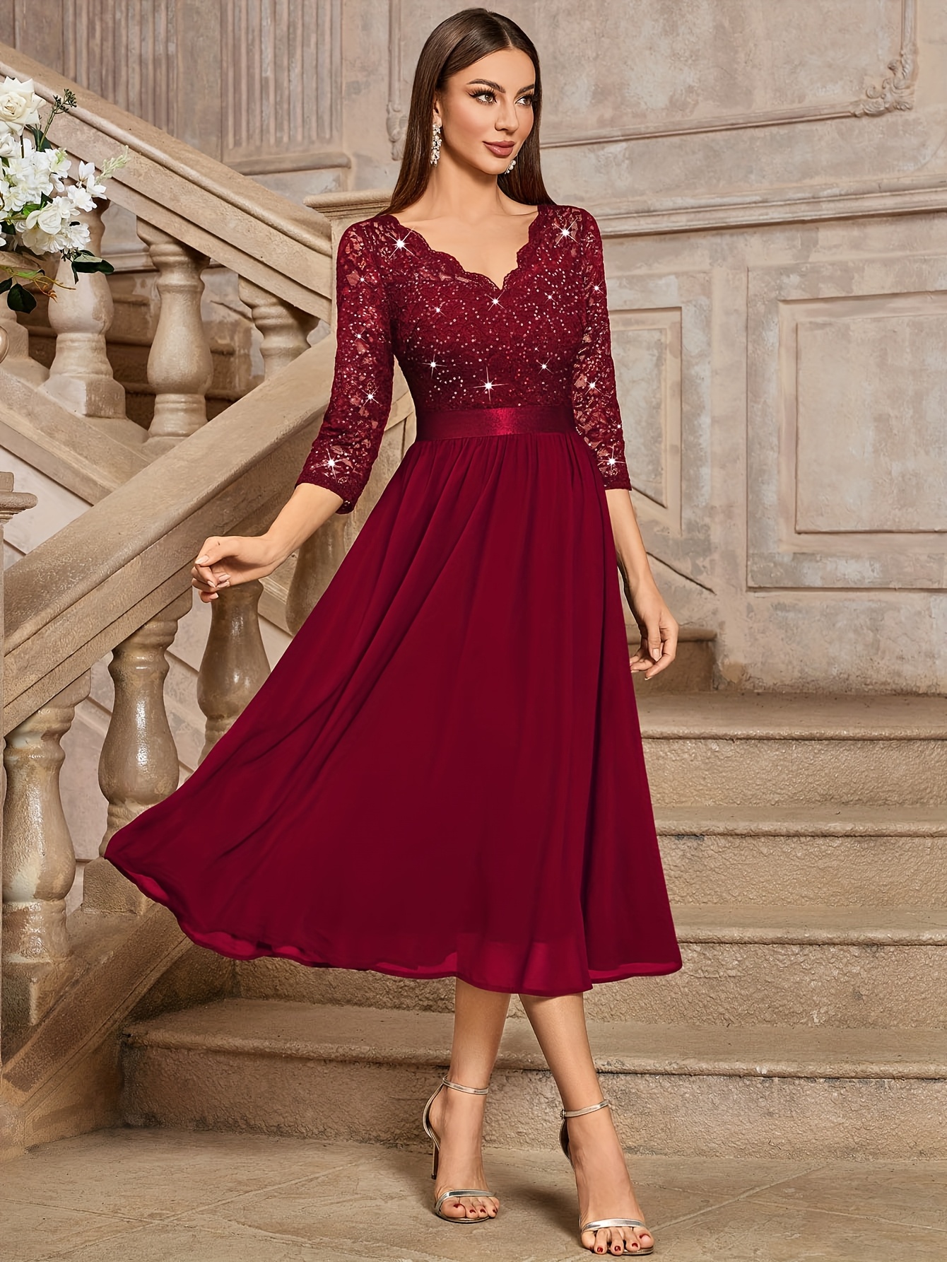 knee length dresses for ladies Floral Lace Tiered Wedding Guest Dress with Bow Straps