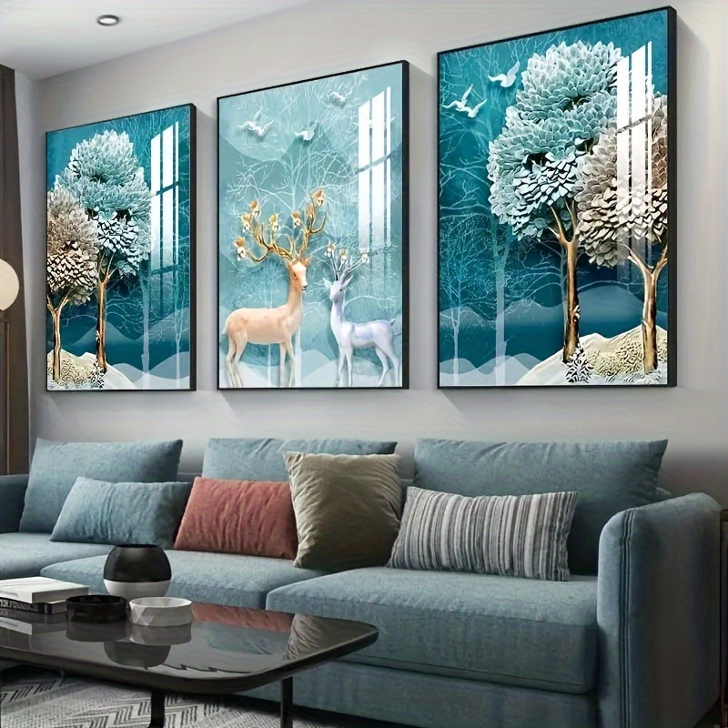 

3pcs, Unframed Modern Abstract Gold Elk Leaf Wall Art Canvas Painting For Living Room Decor Forest Canvas Painting Deer Photos Wall Art No Frame