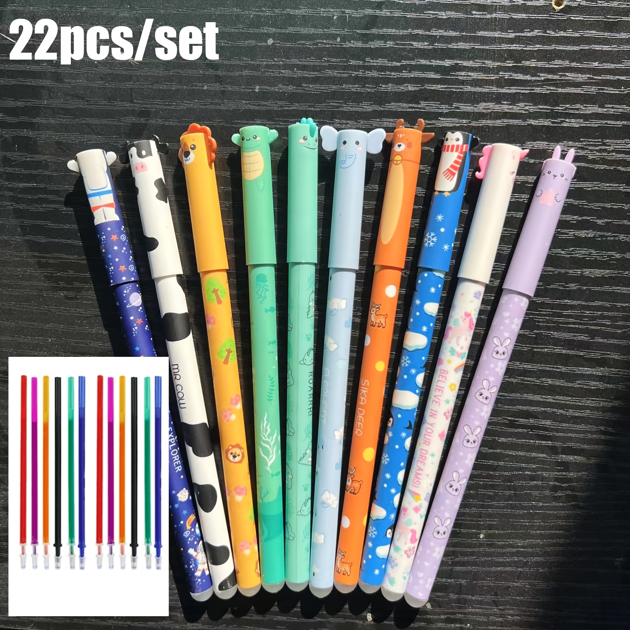 E-shop 22-teiliges Radierstift-Set, 10 Tier-Radierstifte, 12 Farbige für Radierstifte, Leicht auswischbare, Auslaufsichere Tinte, Ideal für Studenten