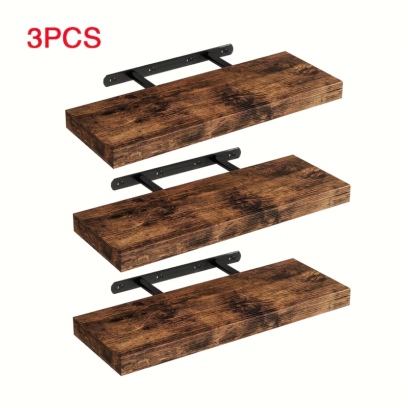 Image of Rustic Brown Wood Wall Mounted Shelf Set 2/3/4pcs - Farmhouse Floating Shelves, Invisible Bracket Storage Shelves For Living Room & Bedroom, Space- Wall Decor, Hanging Shelf, Floating Shelves