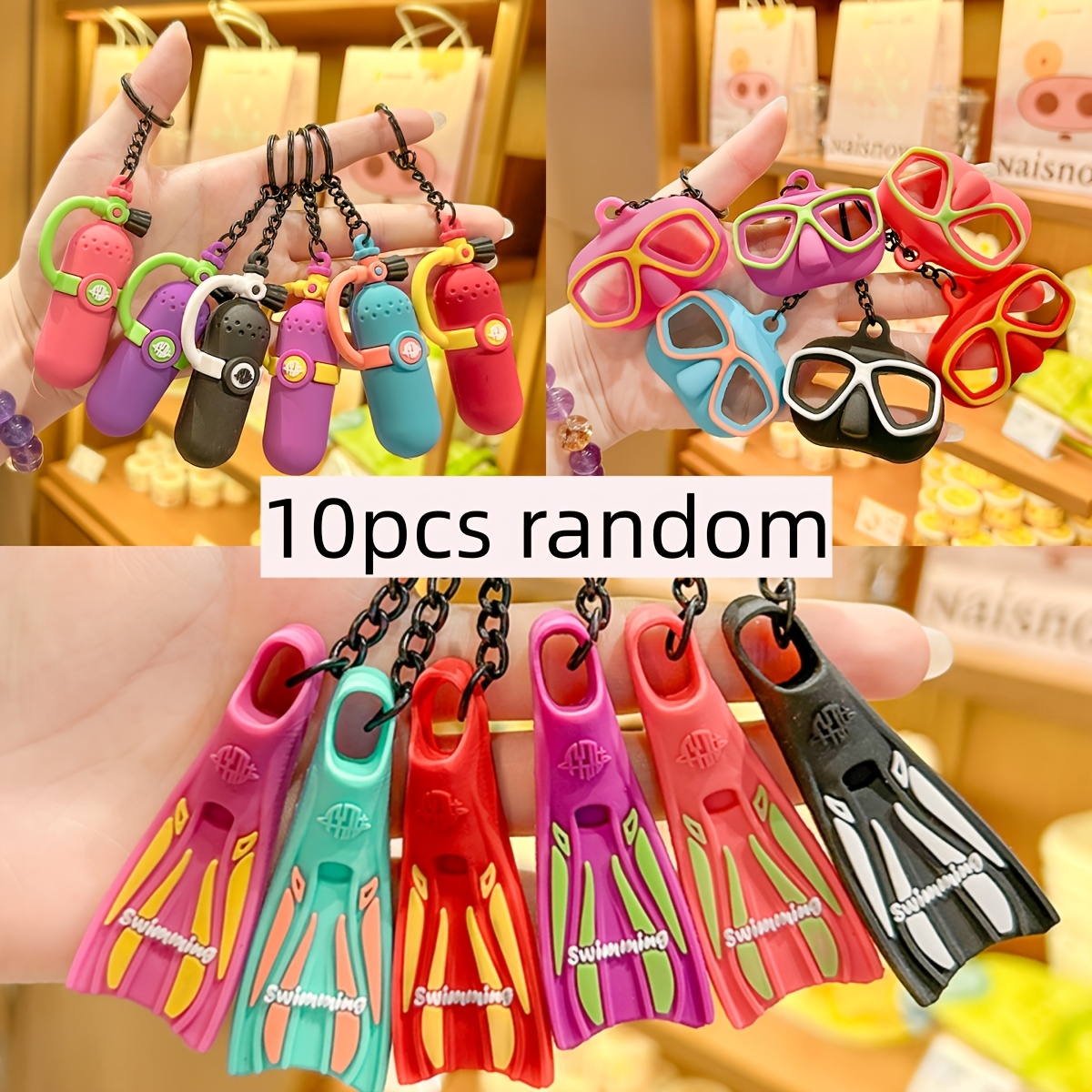 TEMU 10pcs Random Style And Color Colorful Mini Fun Diving And Swimming Sports Suit Keychain, Including Fins, Bottles, Glasses, Diving Equipment,