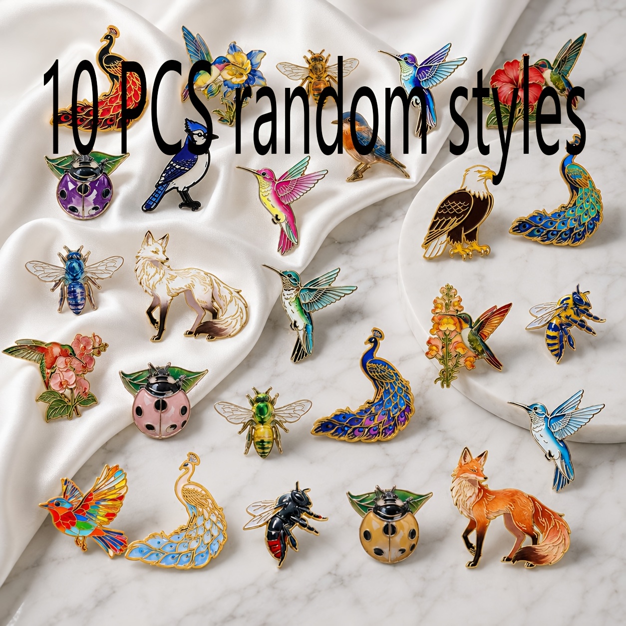 TEMU 10pcs Random Style Enamel Pins: Hummingbird, Peacock, Fox, Ladybug, Bee, Bird Pins. Alloy Badges For Backpacks, Jackets, Hats, And Pencil Cases.