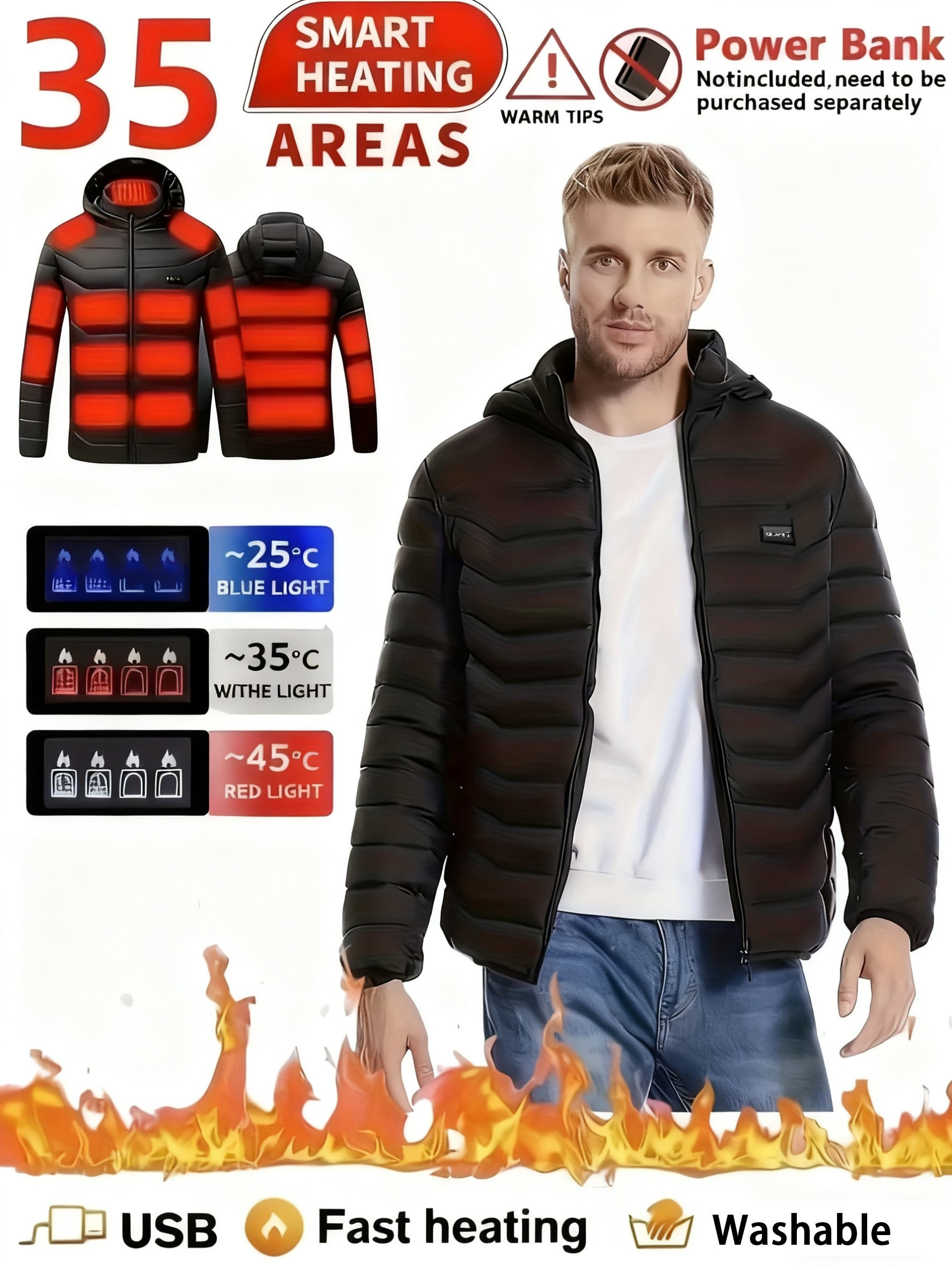 Beheizbare Jacke Für Damen & Herren – Mit 15 Heizzonen, 3 Temperaturstufen & USB-Anschluss (ohne Akkus)