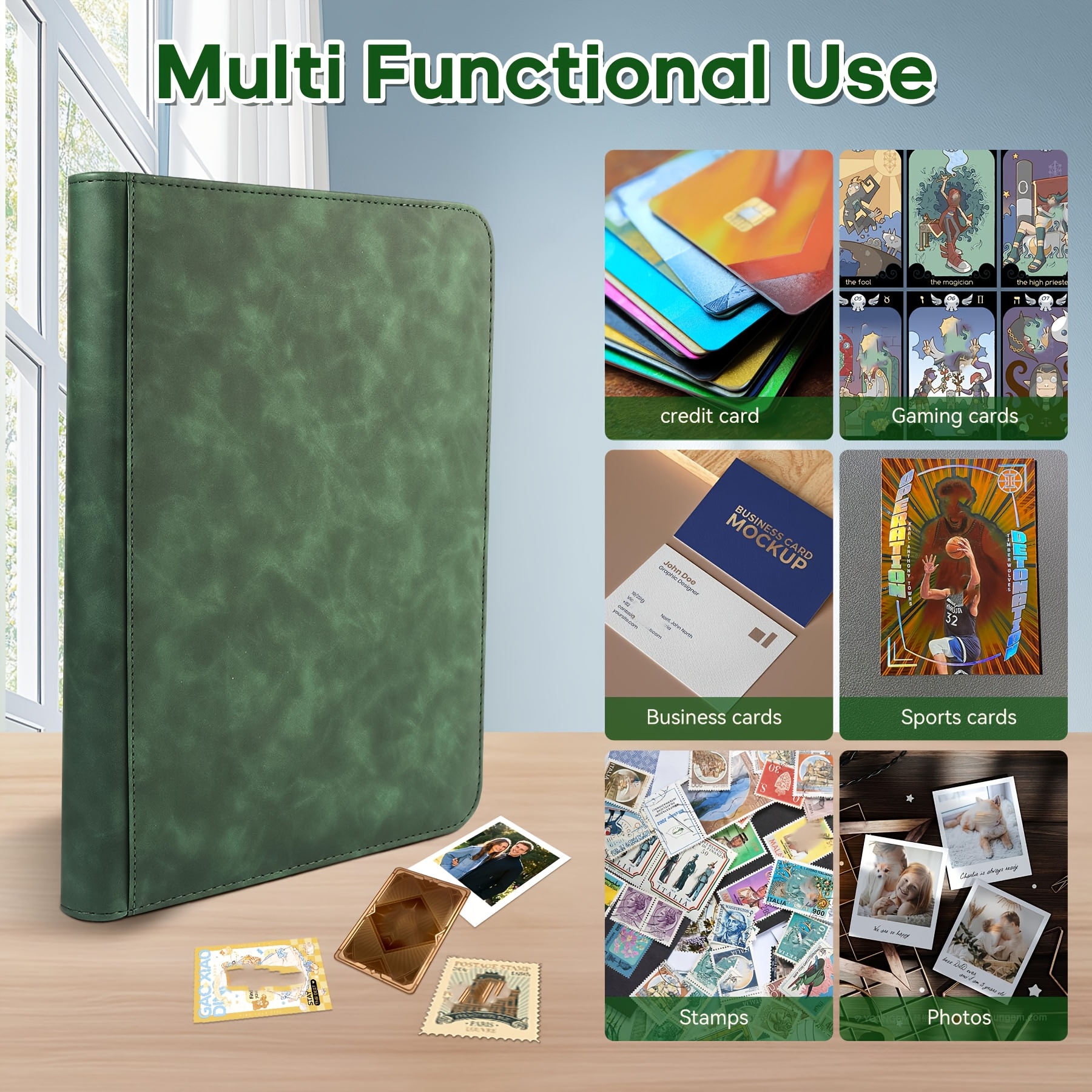 Image of Trading Card Binder, 30 Pages, Holds 540 Cards, Zipper Closure, Pu Material Portable Card Album, Suitable For Playing Cards, Sports Cards, And Other Card Collections. (green)