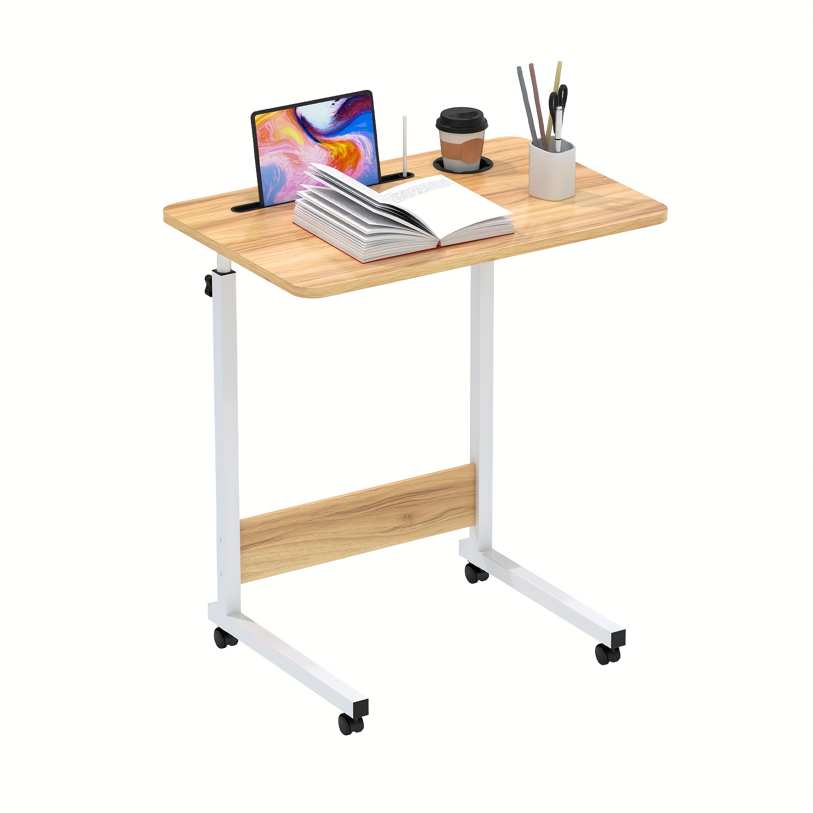 1pc Contemporary Height Adjustable Laptop Desk, 60x40cm, Freestanding Mobile Computer Table With Swivel Castors, Card Slot, Cup Holder For Bedroom, Office, Sofa - , Under 27" Height, Adult Use