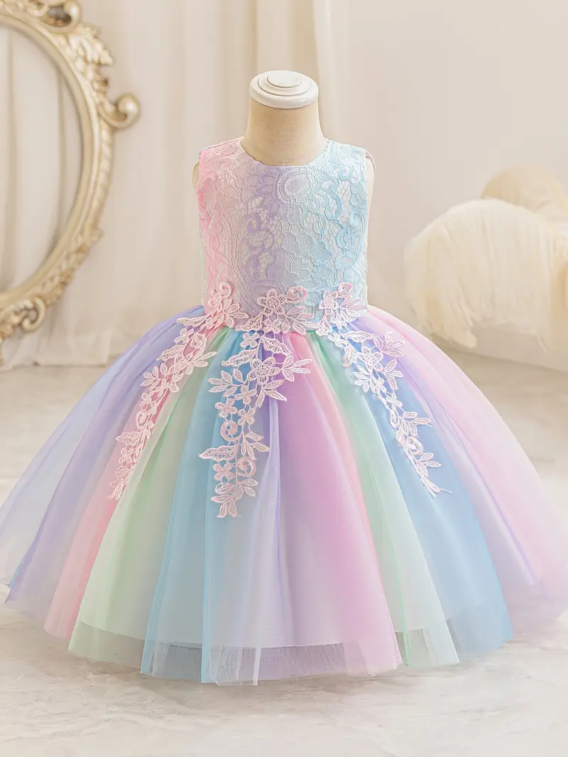 Girls' Rainbow Gradient * Dress with Contrast Lace Trim - Sleeveless A-Line Tulle Tutu for Birthday Parties * & Special Occasions, Princess Dresses for Girls, Kids Party Wear, Sleeveless Design Girls' Rainbow Gradient * Dress with Contrast Lace Trim - Sleeveless A-Line Tulle Tutu for Birthday Parties * & Special Occasions, Princess Dresses for Girls, Kids Party Wear, Sleeveless Design