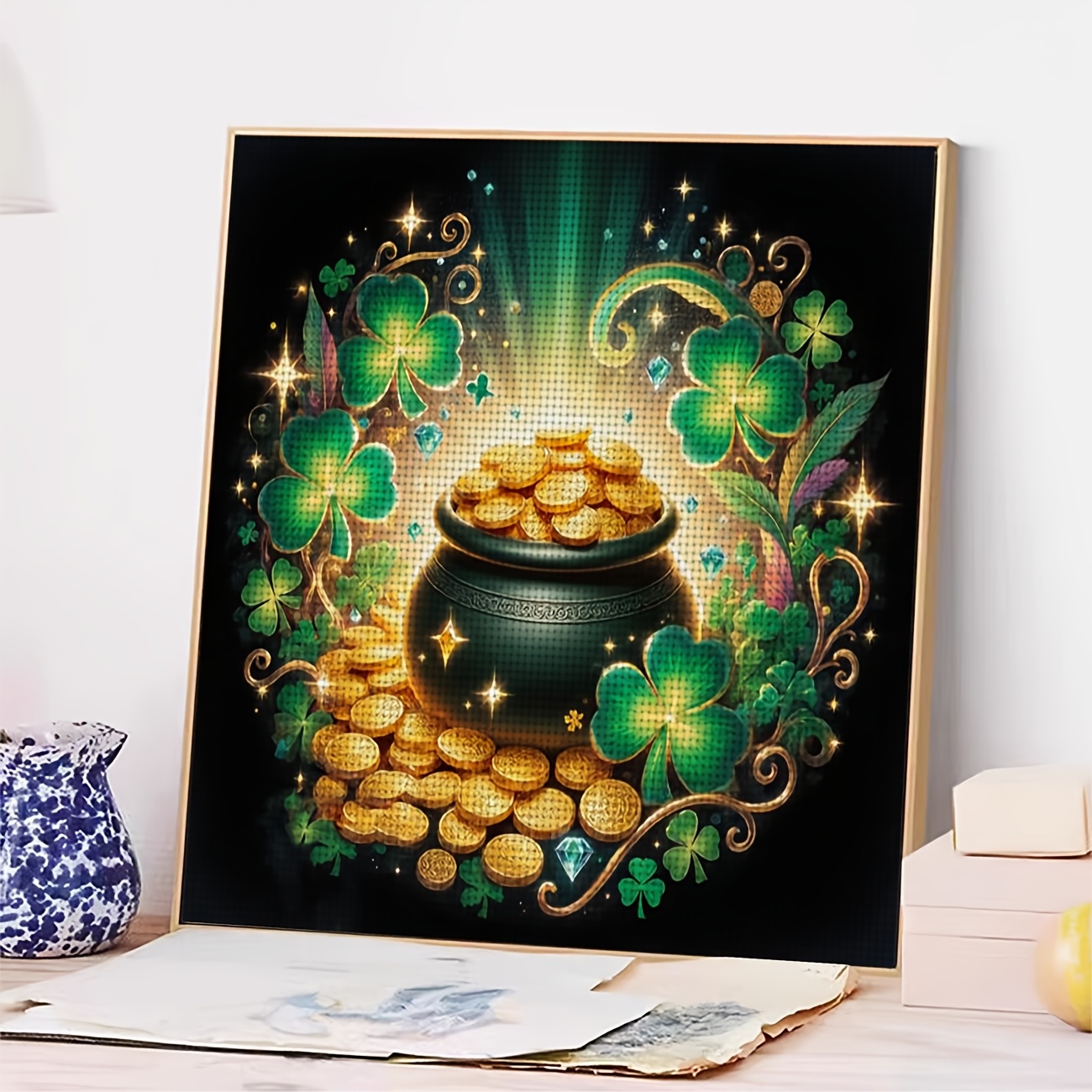 Cross Stitch Kit 'Golden Urn and Coins Four Leaf Clover' Pattern