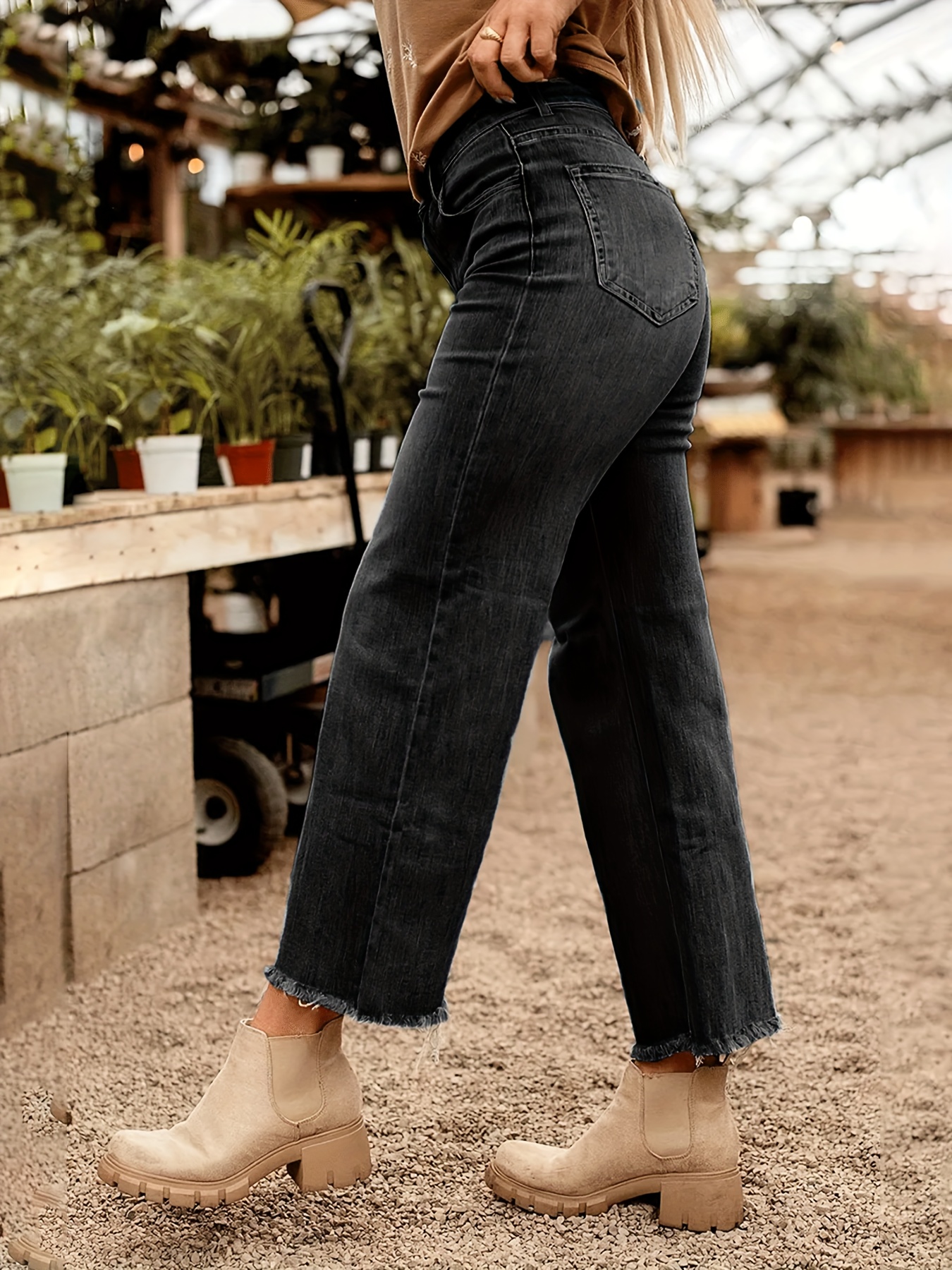 Texture Cut Off Jeans Womens Casual Straight Leg Cropped Jeans