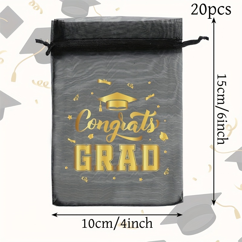 TEMU Lot de 20 sacs en organza à cordon de serrage pour remise de diplôme - Motif "Félicitations GRAD" noir et doré avec et diplômes, sacs