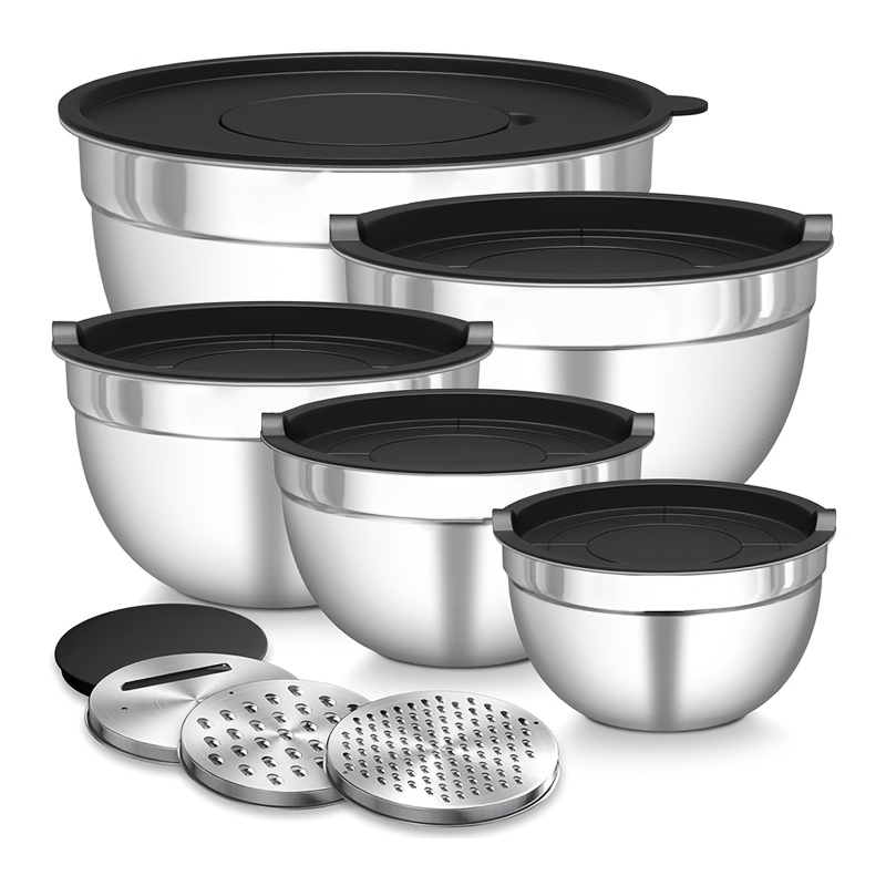 E-shop 9-teiliges Edelstahl-Rührschüssel-Set mit Deckeln & Reibe, Salatschüssel, zum Mischen Servieren, für Lebensmittelaufbewahrung, Mahlvorbereitung,